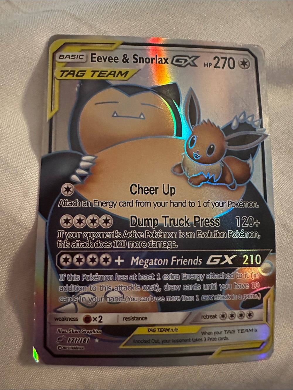 Pokemon Eevee & Snorlax GX Holographic Card - Silver, Brown, Black